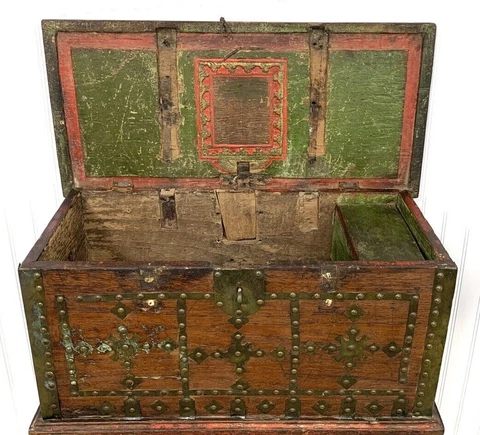 Antique 1700’s Trunk Spanish Colonial Chest Document Box Brass Hardware Iron Vtg Cover