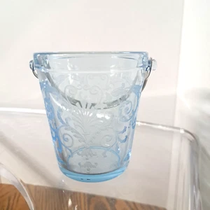 Blue Glass Ice Bucket Etched Desin 3.5'' Tall Stainless Steel Handle Fostoria - Picture 1 of 8