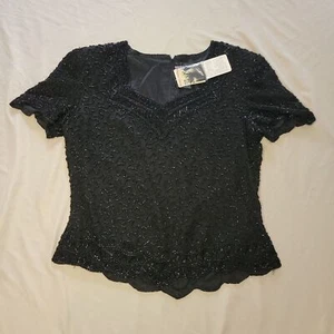 Vintage Cote D’Azur Womens Black Silk Sequin & Bead Blouse Top Size Large - Picture 1 of 9