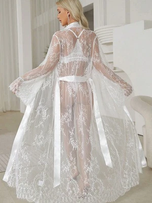 Mujer Bata y Cinturón Transparente Sexy Encaje Bata Transparente Seductor Pijama Foto 1 de 4