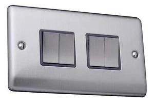 Caradok 4 gang 2 way plate switch Brushed Chrome, Metal Switch, Grey Insert - Picture 1 of 2