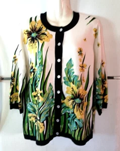 WOMEN'S BOB MACKIE WEARABLE ART WHITE FLORAL 3/4 SLEEVE BUTTON DOWN SWEATER L - Picture 1 of 5