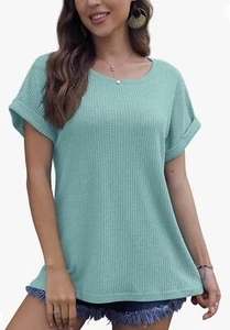 IWOLLENCE Women's Waffle Knit Casual T Shirt Blue Green Cuffed Short Sleeve NWT - Picture 1 of 7