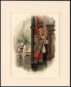 BULL TERRIER Y NIÑA JUEGAN AL ESCONDITE PRECIOSO ESTAMPADO DE PERRO LISTO PARA ENMARCAR - Imagen 1 de 1