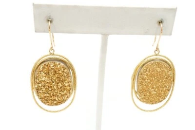 14k Yellow Gold Druzy Dangle Earrings Textured - Image 1 of 4