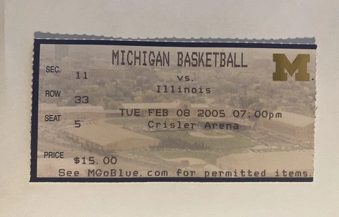 Michigan Wolverines vs Illinois 2/8/05 NCAA College Basketball Game Ticket Stub Cover