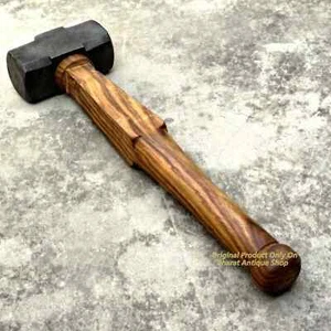 Black Iron Flat Hammer Blacksmith Wooden Handle Collectible Useful - Picture 1 of 4