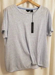 🆕TAHARIwomen Blue/white linen top gathered front hem striped Sz LG oversized 💙 - Picture 1 of 3