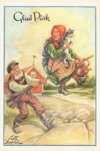 CURT NYSTROM Mini-Postkarte OSTERN HEXE BESENSTIEL WIDERSTEHT MANN schwedisch HALLOWEEN - Bild 1 von 2