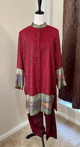 Silk Brocade Long Tunic 2pc Pant Set Hand Made In India Drawstring Silk Pants - Picture 1 of 10