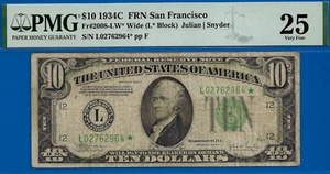 1934C $10 Federal Reserve Note PMG 25 rare wanted San Francisco star Fr 2008-LW* - Picture 1 of 3