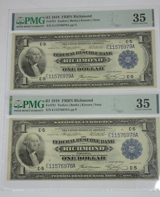 Consec PAIR x 1918 Large Size $1 FRB Richmond Notes PMG 35 Ch VERY FINE Fr#721 - Image 1 of 4