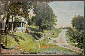 Danbury CT Early Scene Oak Street w Adventist Church in Background SHIPS FREE - Picture 1 of 2