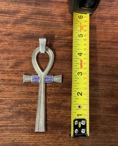 VTG  UnoAerre Sterling Silver 925 & Blue Enamel Italian Cross Pendant 4.75" Long - Picture 1 of 4