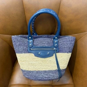 Balenciaga Panier Basket Bag Handbag Raffia Leather Purple x Beige From Japan - Picture 1 of 13