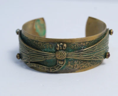 Elaine Coyne Green Patina Brass Dragonfly Cuff Bracelet w/ Garnet Cabochons READ - Image 1 of 4