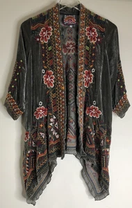 Johnny Was Sz Small Waleska Green Velvet Asymmetric Kimono Embroidery 3/4 Sleeve - Picture 1 of 17