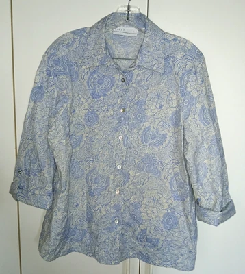 FIRST ISSUE LADIES BLUE/WHITE CRINKLE 3/4-ROLL-UP SLEEVE BUTTON TOP-M-NWOT-NICE — 第 1/4 张图片