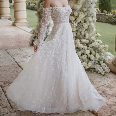 Luxury Off The Shoulder Wedding Dresses Long Sleeves Lace Appliques Bride Gowns - Image 1 of 4