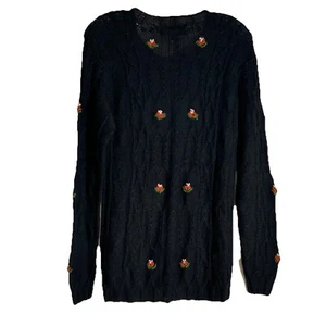 NWT Lanart Womens Sz. M Baby Alpaca Black Floral  Embroidered Cardigan Sweater - Picture 1 of 13