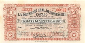Mexico / Jalisco  50  Centavos  6.8.1915 Series  F Uncirculated Banknote Qash A - Picture 1 of 2