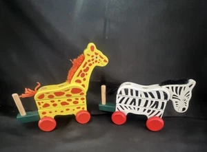Melissa & Doug Wooden Stackable Zoo Animals Pull Along Toy Giraffe & Zebra - Picture 1 of 11