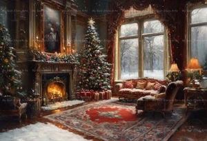 CHRISTMAS TREE AND FIREPLACE ART PRINT, Winter Home Decor, Holiday Painting E443 - Picture 1 of 3