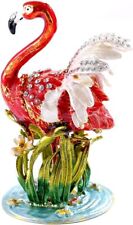 Bejeweled Red Flamingo Figurine Hinged Metal Enameled Crystal Trinket box Unique