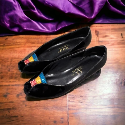 Cobbie Women's Heels Vintage 70s Black Patent Leather Multicolor Peep Toe 8.5 - Image 1 of 4