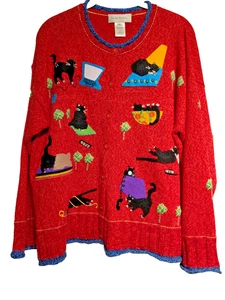 Vintage Susan Bristol Sweater Womens XL Red Cat Embroidered Knit Novelty 2001 - Picture 1 of 15