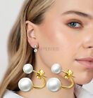 Real 18ct Gold Plated Double White Aaa Round Pearl Shiny Stud Earrings Jewellery