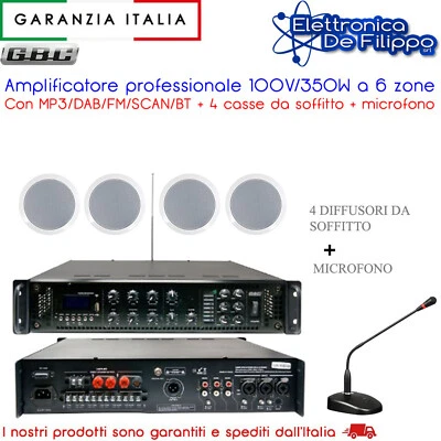 Amplificatore 100V/350W a 6 zone MP3/DAB/FM/SCAN/BT con 4 casse e con microfono - Immagine 1 di 4