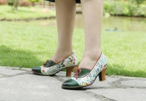 Damenschuhe neu Party Blumenmuster farblich passende Echtleder Blockabsatz modische - Bild 1 von 9