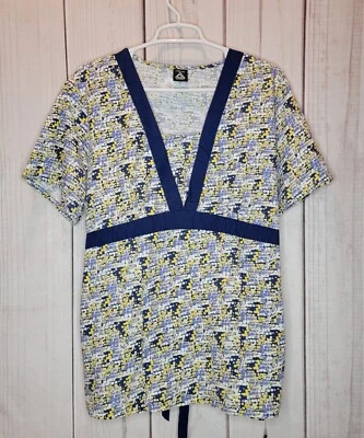 Cherokee Studio Scrub Top 2 Side Pocket Tie-Back Blur & Yellow Women's Size XL - Image 1 of 4