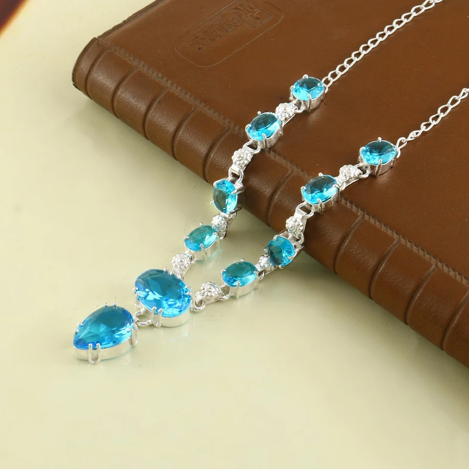 Gargantilla ajustable collar joyería 18" con piedras preciosas de cuarzo topacio azul 18" Foto 1 de 3