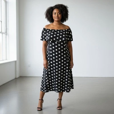 Vestido Vintage Años 90 Negro Blanco Lunares Talla Grande Midi Bardot Línea A Foto 1 de 4