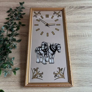 Vintage Mirror Clock Shire Horses Gold Frame Rectangle TESTED - Picture 1 of 11