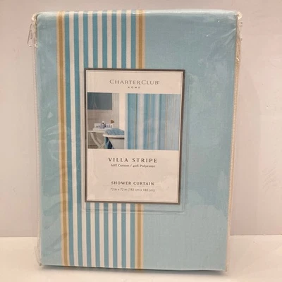 Charter Club Shower Curtain Villa Stripe Aqua Blue Tan White NEW Cotton Poly - Image 1 of 4