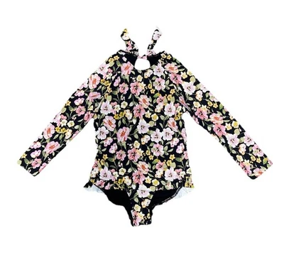 GB Niñas Manga Larga Negro Floral Traje de Baño Volantes Cerradura Corbata Nuevo con Etiquetas 6X Foto 1 de 4