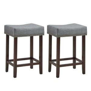 Set of 2 Nailhead Saddle Bar Stools 24" Height w/ Fabric Seat & Wood Legs Gray - Picture 1 of 11