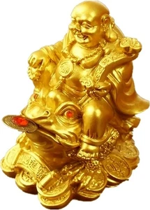 FengShui Laughing Buddha, Wealth Laughing Buddha Sit on Money Frog Statue Lucky1 - Picture 1 of 5
