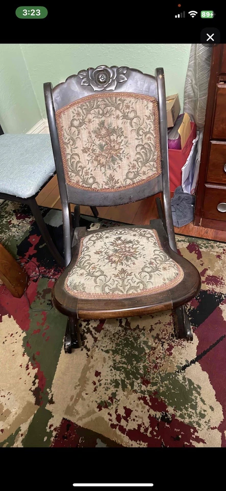 Винтажная викторианская складная резная деревянная роза кресло-качалка швейная ткань гобелен - Изображение 1 из 2