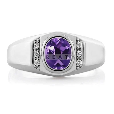 Piedras preciosas de amatista de corte ovalado con anillo de plata de ley 925 para hombre #110 # Foto 1 de 4