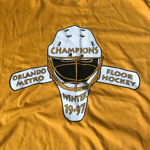 Vintage 1997 Orlando Metro Floor Hockey Champions Yellow Shirt Size XLarge Cover