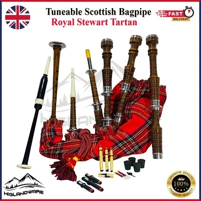 Scottish Highland Bagpipes Full Silver Mounts Natural Finish With Bag & Book