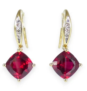 Solid 9ct Yellow Gold Set of Cushion Cut Ruby & Diamond Shepherd Hook Earrings - Picture 1 of 10