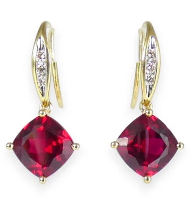 Solid 9ct Yellow Gold Set of Cushion Cut Ruby & Diamond Shepherd Hook Earrings - Image 1 of 4