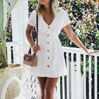 Damen-Kleid Mit Knpfen Lssig V-Ausschnitt Solides Kurzarm-Sommer-Strand- 丷