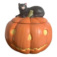 Sakura David Carter Brown Halloween Pumpkin with Black Cat Hollow Cookie Jar