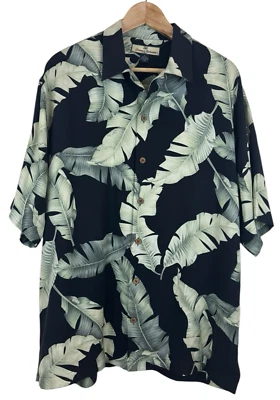 Camisa Hawaiana Tommy Bahama Para Hombre M Negra Verde Hoja de Palma Lazo Campamento Floral Seda Foto 1 de 4